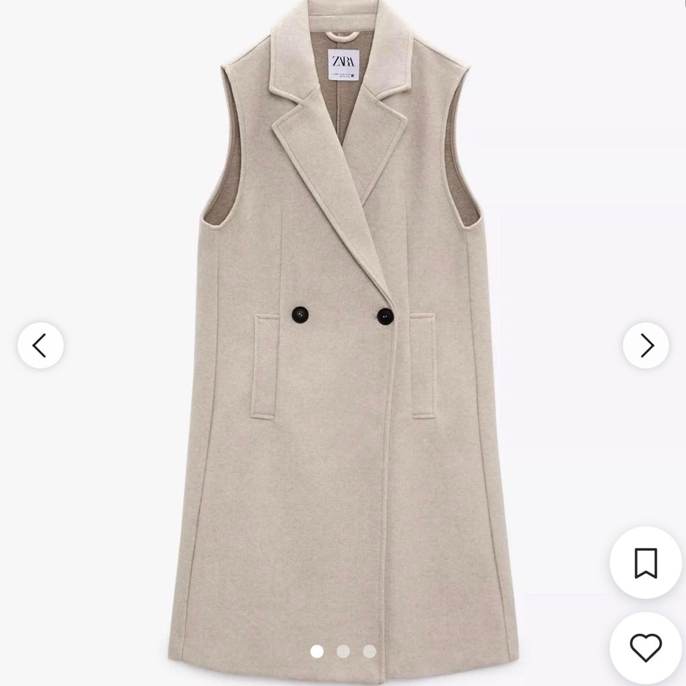 Zara Beige Cream Long Sleeveless Vest Soft Double Breasted Waistcoat Pockets